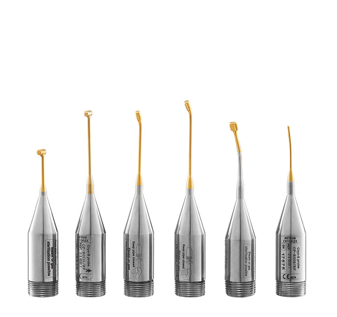 Six cryoprobes of differing design, with gold-plated working surfaces